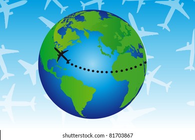 green and blue earth with black plane over blue and white background
