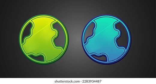 Green and blue Earth globe icon isolated on black background. World or Earth sign. Global internet symbol. Geometric shapes.  Vector