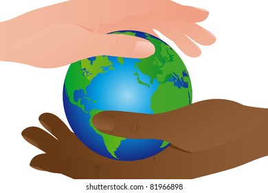 green and blue earth with hands isolated over white background