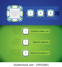 Green blue edition of a scalable vector design composition of circle and rectangle composed classical architectural style buttons for numbers and content simple menu for web print or for universal use