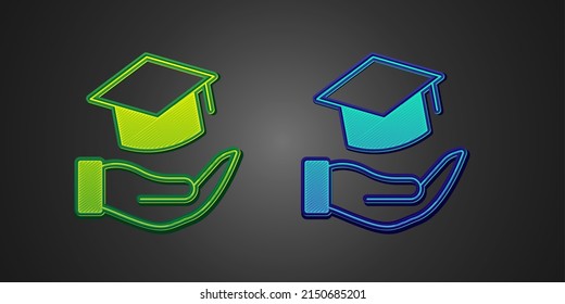 Green And Blue Education Grant Icon Isolated On Black Background. Tuition Fee, Financial Education, Budget Fund, Scholarship Program, Graduation Hat.  Vector