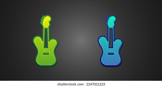 Green and blue Electric bass guitar icon isolated on black background.  Vector