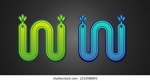 Icono de cable eléctrico verde y azul aislado en fondo negro. Alambre eléctrico.  Vector