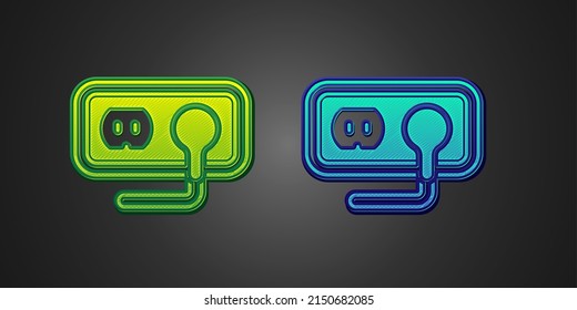 Green and blue Electrical outlet icon isolated on black background. Power socket. Rosette symbol.  Vector