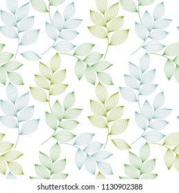 Green and blue elegant leaves with veins seamless pattern, vector