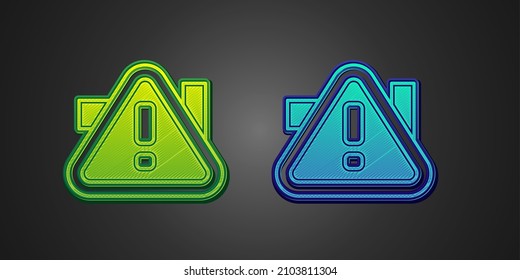 Green and blue Exclamation mark in triangle icon isolated on black background. Hazard warning sign, careful, attention, danger warning important.  Vector