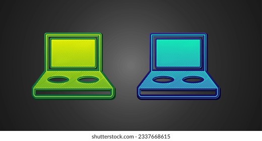 Green and blue Eye shadow palette with brush icon isolated on black background.  Vector