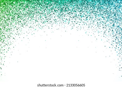 Green blue falling glitter particles on white background. Vector