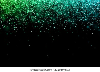 Green blue falling particles with glow lights on black background. Vector