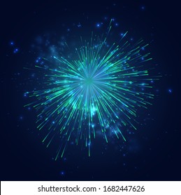 green and blue fireworks in the night sky, festive vector set of sparks and moods