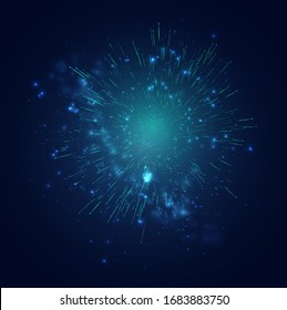 green and blue fireworks in the night sky, festive vector set of sparks and moods