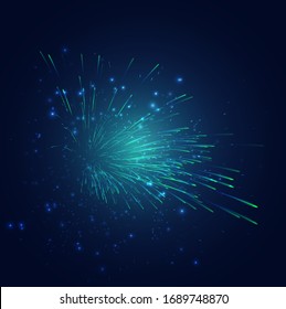 green and blue fireworks in the night sky, festive vector set of sparks and moods