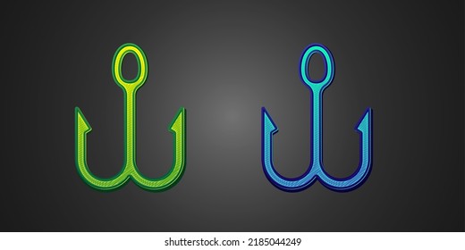 Green and blue Fishing hook icon isolated on black background. Fishing tackle.  Vector