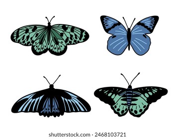 Green and blue flat design butterflies set 