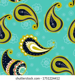 Green and Blue Floral Damask Vector Seamless Pattern. Vintage Leaf Wallpaper. Flower Turkish Texture. Green Traditional Background.