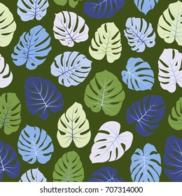 Green and blue floral jungle ornament with monstera leaf tropical seamless pattern vector.  Philodendron or monstera plant background. Tropical pattern with jungle leaves decor, seamless background.