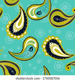 Green and Blue Flower Indian Vector Seamless Pattern. India Floral Tile. Ornament Fabric Wallpaper. Blue Elegant Background.