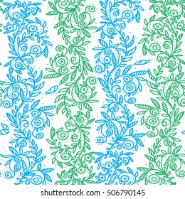 Green and blue flowers hand drawn seamless pattern. Vector illustration