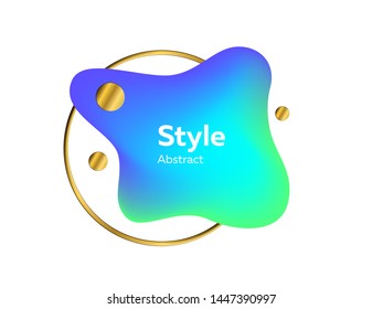 Green and blue flowing liquid element with sample text. Dynamic colored form. Gradient abstract banner with fluid shape and golden circle frame. Template for logo, flyer, presentation design. Vector