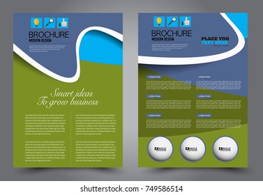 Green and blue flyer template design. Brochure abstract background for business, education, presentation, advertisement. Corporate identity style concept. Editable vector illustration.