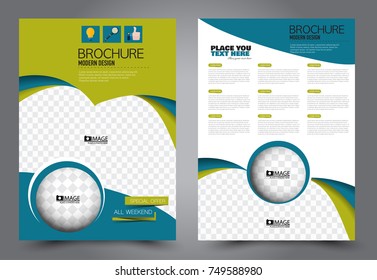 Green and blue flyer template design. Brochure abstract background for business, education, presentation, advertisement. Corporate identity style concept. Editable vector illustration.