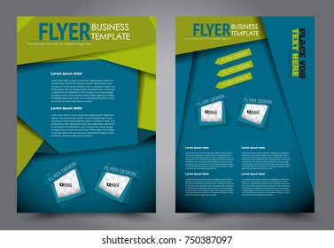 Green and blue flyer template design. Brochure abstract background for business, education, presentation, advertisement. Corporate identity style concept. Editable vector illustration.