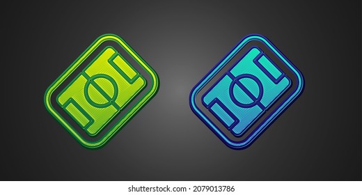 Green and blue Football or soccer field icon isolated on black background.  Vector