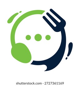 Tenedor verde y azul y cuchara con el icono del auricular para el icono de la Asistencia del servicio de comida