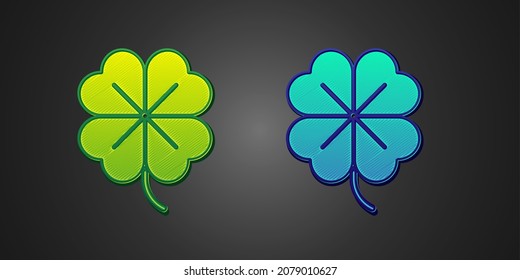 Green and blue Four leaf clover icon isolated on black background. Happy Saint Patrick day.  Vector