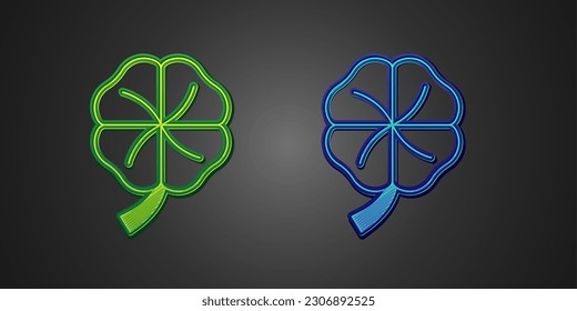 Green and blue Four leaf clover icon isolated on black background. Happy Saint Patricks day. National Irish holiday.  Vector
