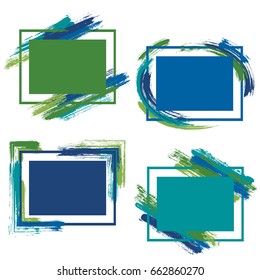 Green and blue frames with paint brush strokes vector collection. Borders with painted brushstrokes backgrounds. Graphics design templates for ecological banners, flyers, posters, cards