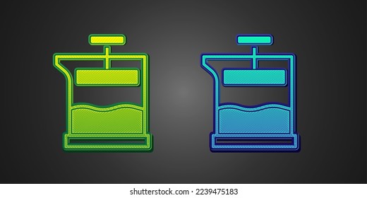 Green and blue French press icon isolated on black background.  Vector