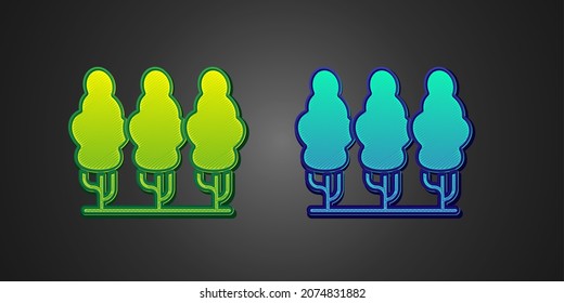 Green and blue Fruit trees icon isolated on black background. Agricultural plant. Organic farm product. Fruit garden. Gardening theme.  Vector