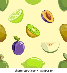 Green and blue fruits seamless pattern over white background. Kiwi and plum, vector illustration