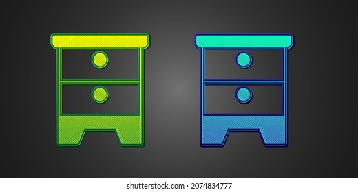 Green and blue Furniture nightstand icon isolated on black background.  Vector