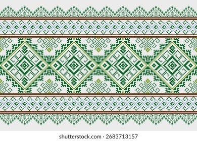 Diseño de bordado de punto de cruz sin costuras de patrón étnico geométrico verde y azul. Tejido tradicional popular tribal