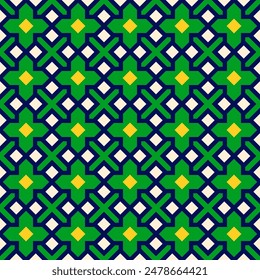 Fondo de patrón geométrico sin fisuras verde y azul, Diseño gráfico de Vector plano, diseño simétrico, patrón sin fisuras en estilo de arte islámico
