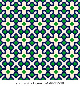 green and blue geometric seamless pattern background, flat vector graphic design, symmetrical design, seamless pattern in style of Islamic art
