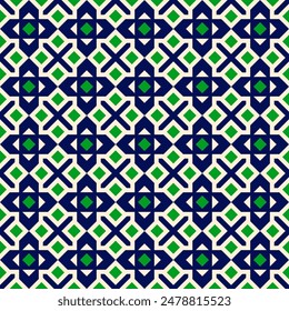 green and blue geometric seamless pattern background, flat vector graphic design, symmetrical design, seamless pattern in style of Islamic art