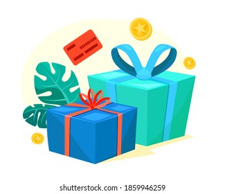 Green and blue gift boxes with red ribbon, bonus money, earn points, loyalty program, win prize, cash back for purchase, birthday present, cartoon vector icon