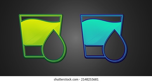 Green and blue Glass with water icon isolated on black background. Soda glass.  Vector
