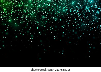 Green blue glitter holiday falling confetti with glow lights on black background. Vector