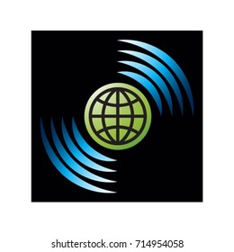 green & blue globe with signal waves icon-vector drawing