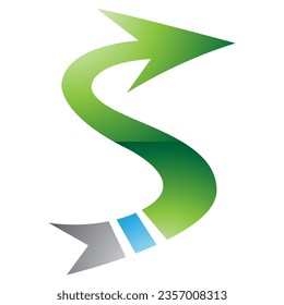 Green and Blue Glossy Arrow Shaped Letter S Icon on a White Background