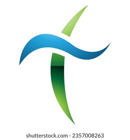 Green and Blue Glossy Curvy Sword Shaped Letter T Icon on a White Background