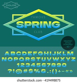 Green and blue glossy emblem for organic and ecologic product store. Vector set of alphabet letters, numbers and punctuation symbols