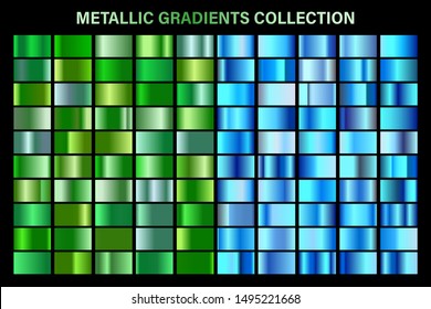 Green, blue glossy gradient, metal foil texture. Color swatch set. Collection of high quality vector gradients. Shiny metallic background. Design element.