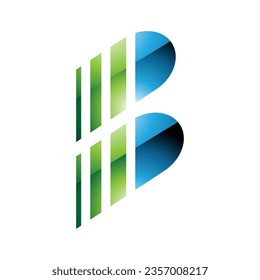 Green and Blue Glossy Letter B Icon with Vertical Stripes on a White Background