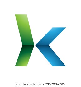 Letra verde y azul brillante con forma de flecha minúscula icono K en un fondo blanco