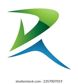 Green and Blue Glossy Pointy Tipped Letter R Icon on a White Background